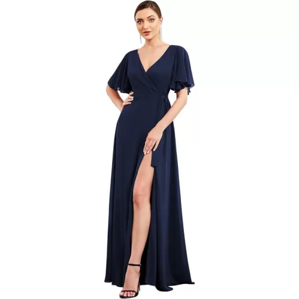 EverPretty Womens VNeck Ruffles Sleeves Side Slit One Piece Chiffon Floor Length Evening Dresses 0300ANavy Blue