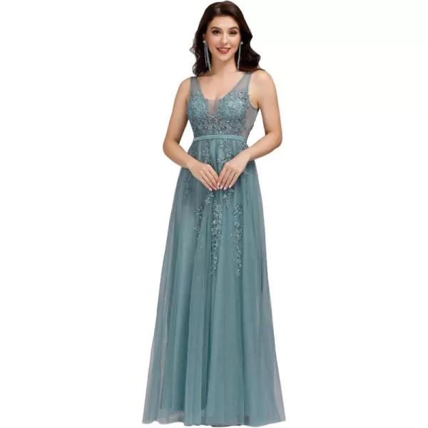 EverPretty Womens VNeck SeeThrough Lace Appliques Tulle Maxi Evening Dress 07543USABlue1