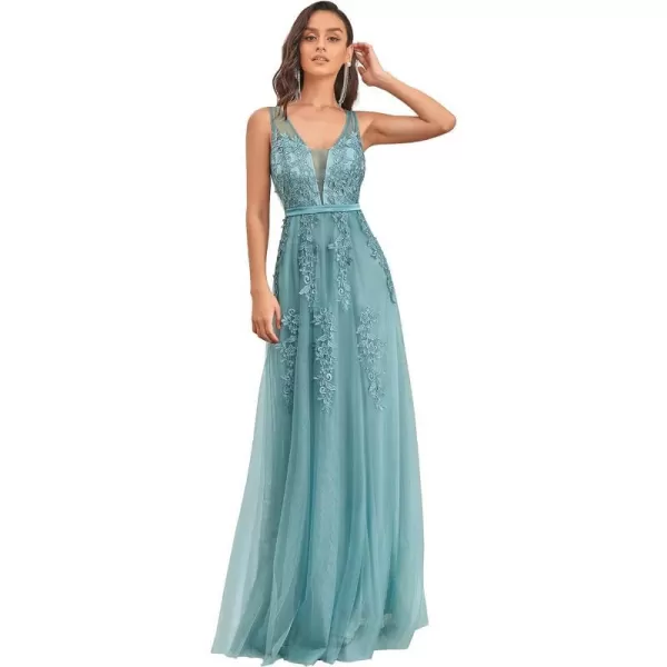 EverPretty Womens VNeck SeeThrough Lace Appliques Tulle Maxi Evening Dress 07543USADemin Blue