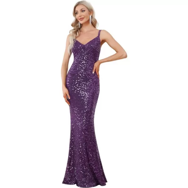 EverPretty Womens VNeck Sequin Sleeveless Glitter Mermaid Maxi Evening Dresses 01553Dark Purple