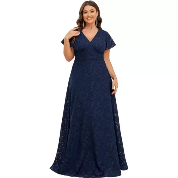 EverPretty Womens VNeck Short Sleeves Full Lace ALine Floor Length Plus Size Maxi Formal Dress 01446PZNavy Blue