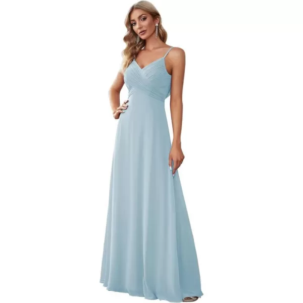 EverPretty Womens VNeck Sleeveless Front Ruched Maxi ALine Wedding Guest Dresses 80026Sky Blue