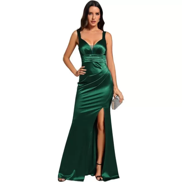 EverPretty Womens VNeck Sleeveless Satin Side Slit Formal Evening Dresses 02107Dark Green