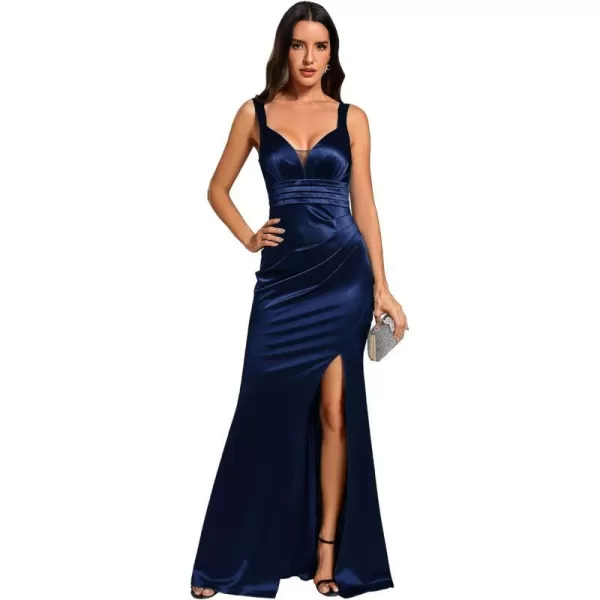 EverPretty Womens VNeck Sleeveless Satin Side Slit Formal Evening Dresses 02107Navy Blue