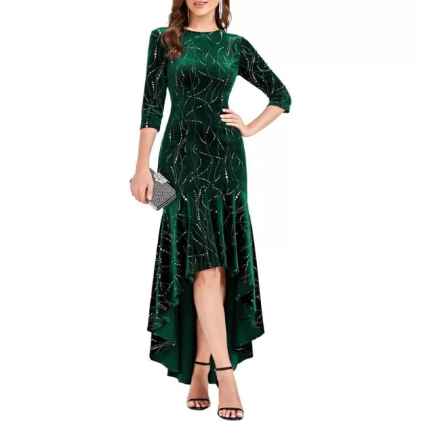 EverPretty Womens Velvet 34 Sleeve HighLow Mermaid Plus Size Gorgeous Evening Dress 0472Dark Green