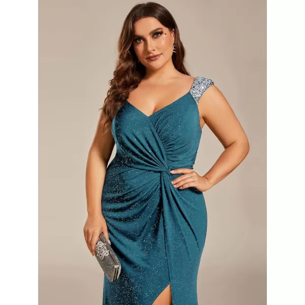 EverPretty VNeck High Slit Glitter Bodycon Plus Size Ball Gowns Formal Evening Dresses for Curvy Women 01888DATeal