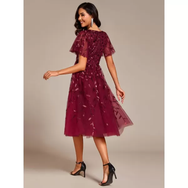 EverPretty Womens Elegant A Line Embroidery Tulle Sequins Short Sleeves Midi Wedding Guest Dress 02230Burgundy