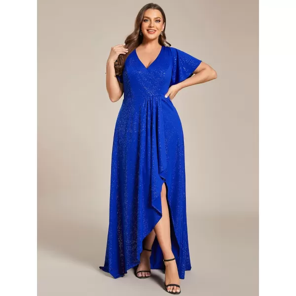 EverPretty Womens Glitter Aline High Low Ruffles Plus Size Wedding Guest Dresses Formal Dresses with Sleeves 01738PHSapphire Blue