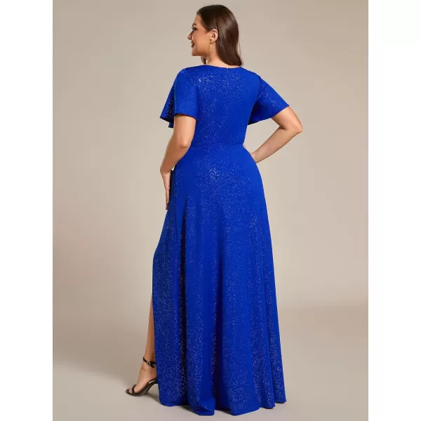 EverPretty Womens Glitter Aline High Low Ruffles Plus Size Wedding Guest Dresses Formal Dresses with Sleeves 01738PHSapphire Blue