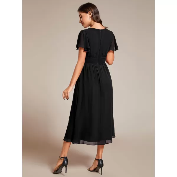 EverPretty Womens V Neck Elegant Party Dress Short Sleeve Pleated Formal Dresses for Wedding Guest Dresses 02155Black