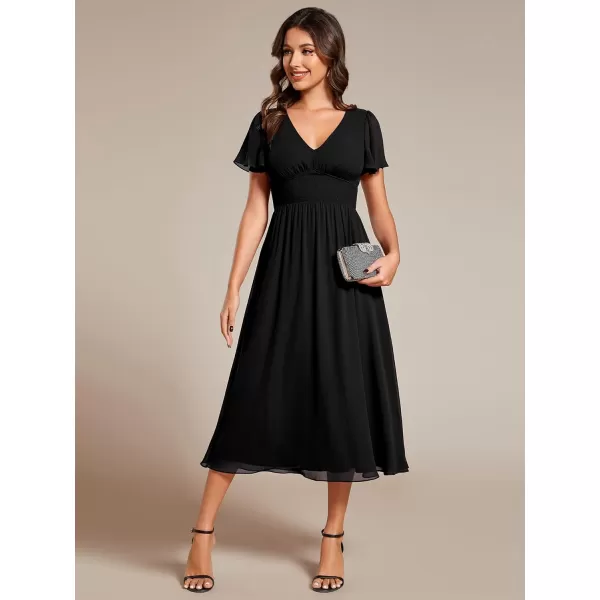 EverPretty Womens V Neck Elegant Party Dress Short Sleeve Pleated Formal Dresses for Wedding Guest Dresses 02155Black