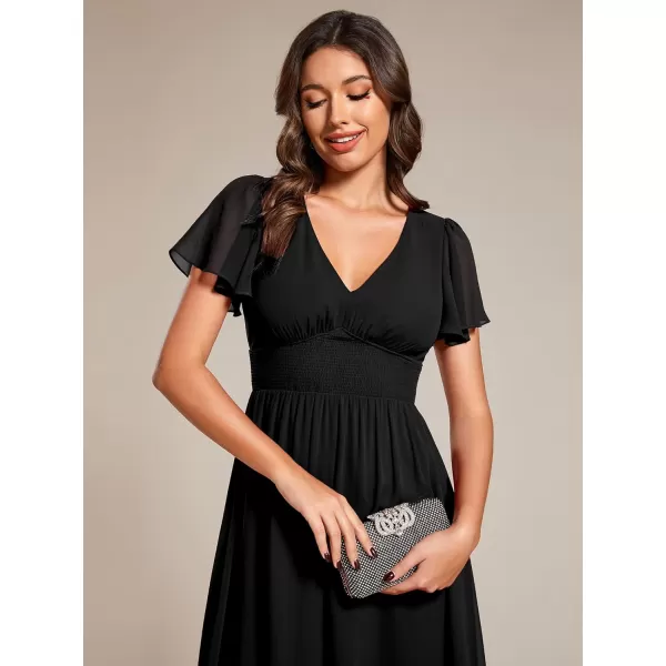 EverPretty Womens V Neck Elegant Party Dress Short Sleeve Pleated Formal Dresses for Wedding Guest Dresses 02155Black