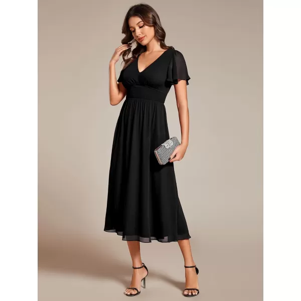 EverPretty Womens V Neck Elegant Party Dress Short Sleeve Pleated Formal Dresses for Wedding Guest Dresses 02155Black