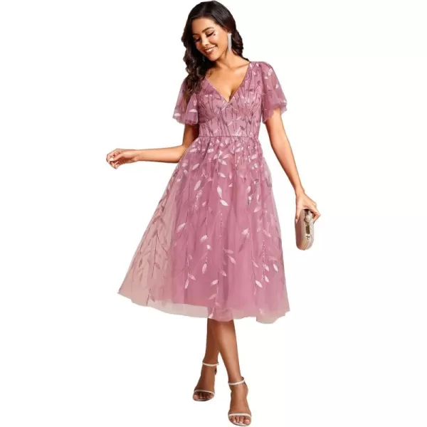 EverPretty Womens Elegant A Line Embroidery Tulle Sequins Short Sleeves Midi Wedding Guest Dress 02230Orchid