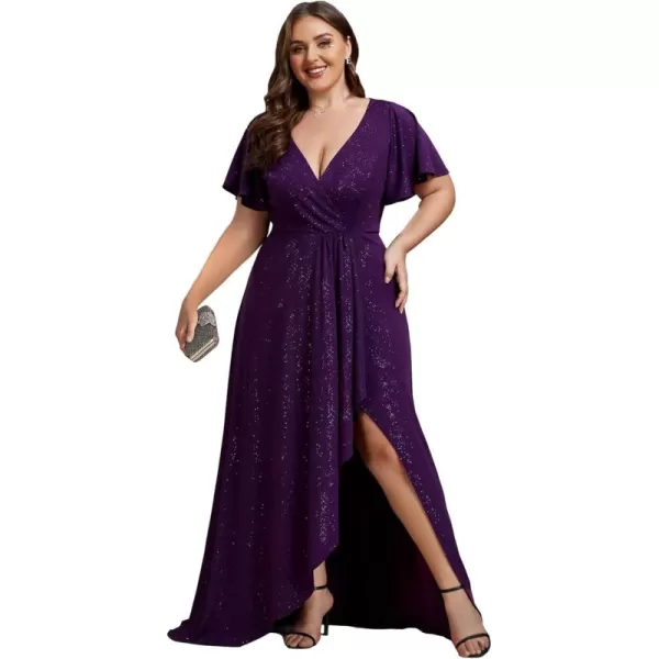 EverPretty Womens Glitter Aline High Low Ruffles Plus Size Wedding Guest Dresses Formal Dresses with Sleeves 01738PHDark Purple