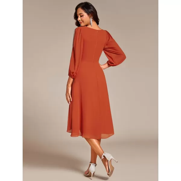 imageEverPretty Womens Formal Lantern Long Sleeve Pleated Knee Length Dress 2024 High Waist Cocktail Flowy Dresses 02926Burnt Orange