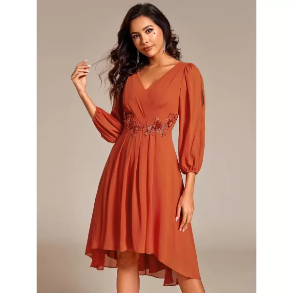 imageEverPretty Womens Formal Lantern Long Sleeve Pleated Knee Length Dress 2024 High Waist Cocktail Flowy Dresses 02926Burnt Orange