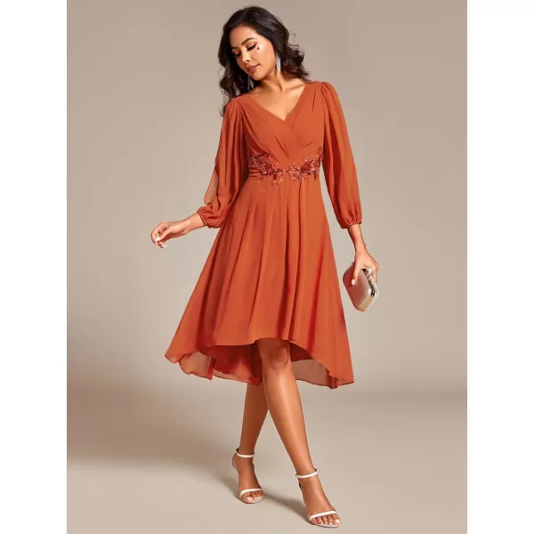 imageEverPretty Womens Formal Lantern Long Sleeve Pleated Knee Length Dress 2024 High Waist Cocktail Flowy Dresses 02926Burnt Orange