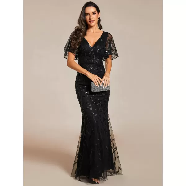 imageEverPretty Womens Ruffles Sleeves Sequin Embroidery Evening Mother of The Bride Dress 00692Black