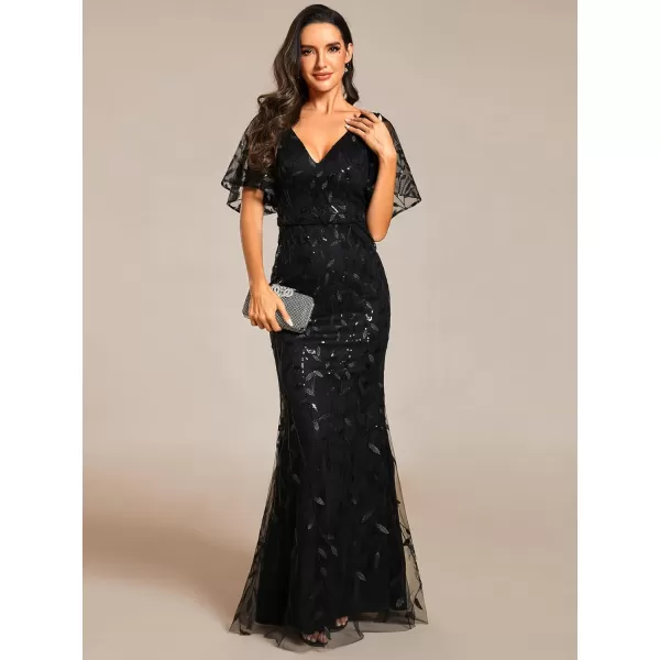 imageEverPretty Womens Ruffles Sleeves Sequin Embroidery Evening Mother of The Bride Dress 00692Black