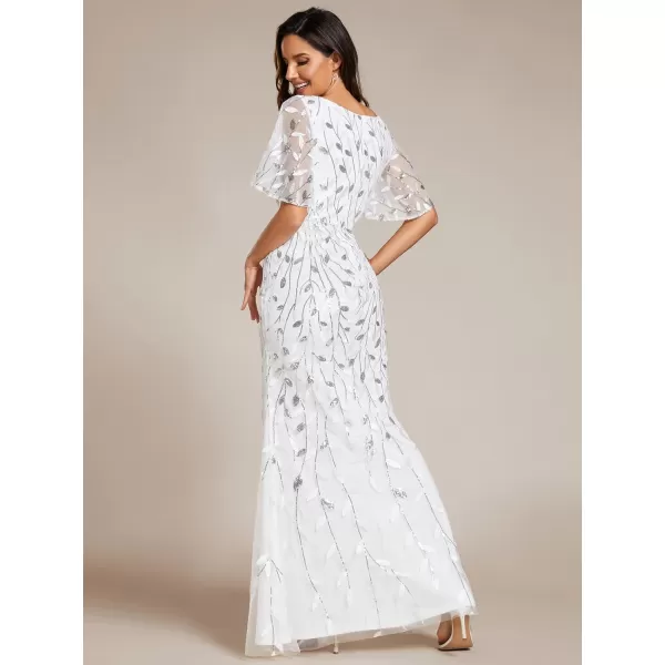 imageEverPretty Womens Ruffles Sleeves Sequin Embroidery Evening Mother of The Bride Dress 00692White