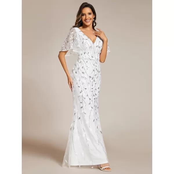 imageEverPretty Womens Ruffles Sleeves Sequin Embroidery Evening Mother of The Bride Dress 00692White