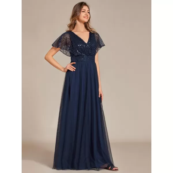 imageEverPretty Womens V Neck Evening Dresses Ruffles Sleeves Sequin Empire Waist ALine Maxi Formal Dresses 02223Navy Blue