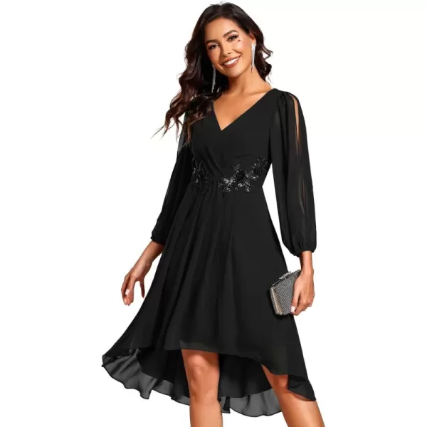 imageEverPretty Womens Formal Lantern Long Sleeve Pleated Knee Length Dress 2024 High Waist Cocktail Flowy Dresses 02926Black