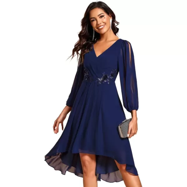 imageEverPretty Womens Formal Lantern Long Sleeve Pleated Knee Length Dress 2024 High Waist Cocktail Flowy Dresses 02926Navy Blue