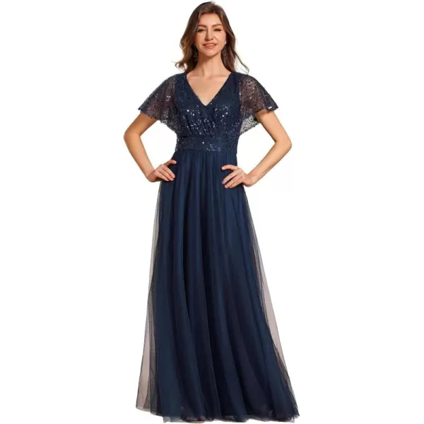 imageEverPretty Womens V Neck Evening Dresses Ruffles Sleeves Sequin Empire Waist ALine Maxi Formal Dresses 02223Navy Blue