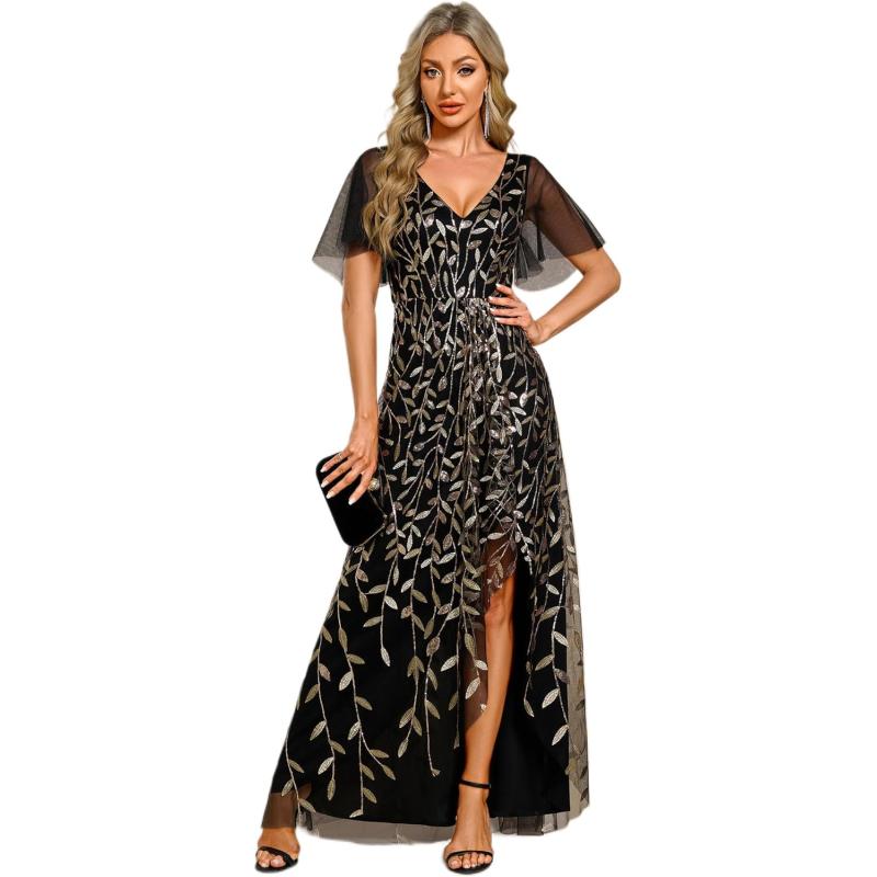 imageEverPretty Womens Shimmery Formal Dress V Neck Sequins ALine Side Slit Elegant Long Evening Dresses 02083Black Gold