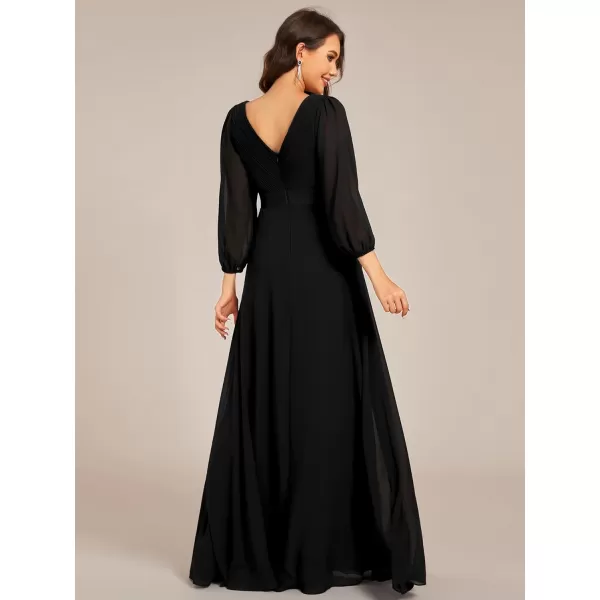 imageEverPretty Womens Chiffon ALine Floor Length V Neck Long Sleeves Pleated Maxi Formal Dress 03890Black