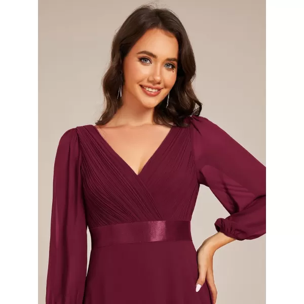 imageEverPretty Womens Chiffon ALine Floor Length V Neck Long Sleeves Pleated Maxi Formal Dress 03890Burgundy