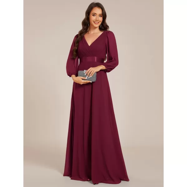 imageEverPretty Womens Chiffon ALine Floor Length V Neck Long Sleeves Pleated Maxi Formal Dress 03890Burgundy