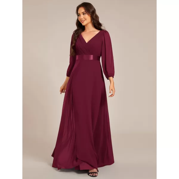 imageEverPretty Womens Chiffon ALine Floor Length V Neck Long Sleeves Pleated Maxi Formal Dress 03890Burgundy