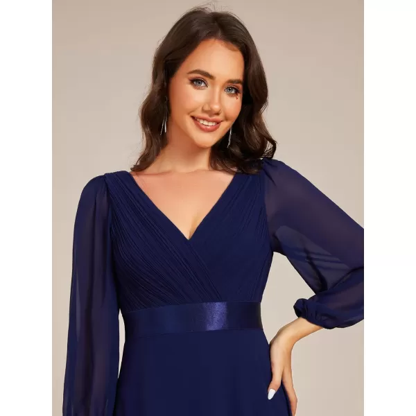 imageEverPretty Womens Chiffon ALine Floor Length V Neck Long Sleeves Pleated Maxi Formal Dress 03890Navy Blue