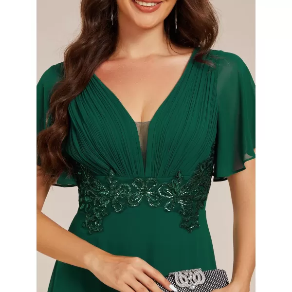 imageEverPretty Womens Chiffon Flutter Short Sleeves Appliques High Waist Fall Maxi Formal Dress 02237Dark Green