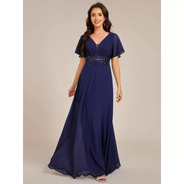 imageEverPretty Womens Chiffon Flutter Short Sleeves Appliques High Waist Fall Maxi Formal Dress 02237Navy Blue