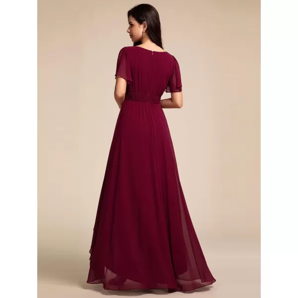 imageEverPretty Womens Crew Neck Short Sleeves Elastic Waist Slit Flowy A Line HiLo Wedding Guest Dress 02213Burgundy