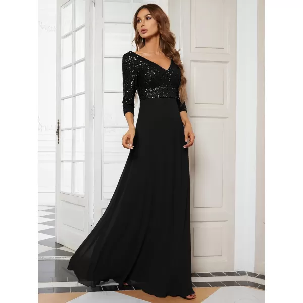 imageEverPretty Womens Elegant Formal Dress VNeck Long Sleeve Sequin Maxi Chiffon Evening Dresses 00751Black