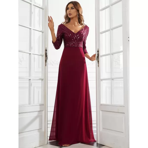 imageEverPretty Womens Elegant Formal Dress VNeck Long Sleeve Sequin Maxi Chiffon Evening Dresses 00751Burgundy