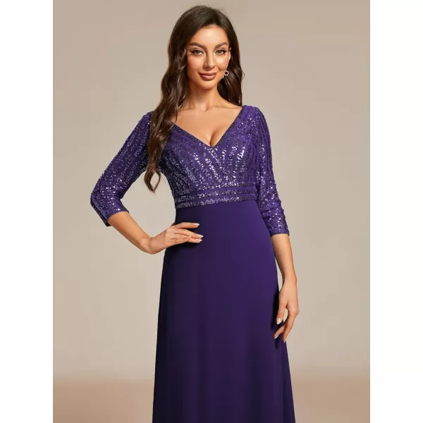 imageEverPretty Womens Elegant Formal Dress VNeck Long Sleeve Sequin Maxi Chiffon Evening Dresses 00751Deep Purple