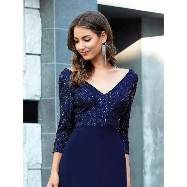 imageEverPretty Womens Elegant Formal Dress VNeck Long Sleeve Sequin Maxi Chiffon Evening Dresses 00751Navy Blue