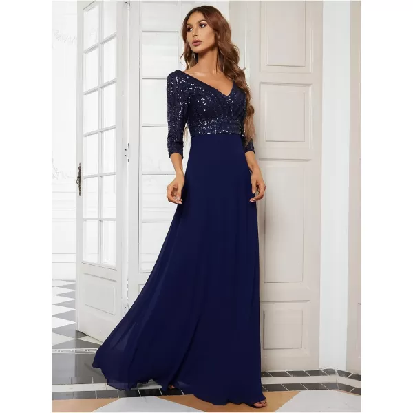 imageEverPretty Womens Elegant Formal Dress VNeck Long Sleeve Sequin Maxi Chiffon Evening Dresses 00751Navy Blue