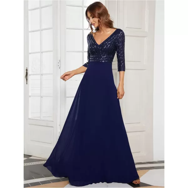 imageEverPretty Womens Elegant Formal Dress VNeck Long Sleeve Sequin Maxi Chiffon Evening Dresses 00751Navy Blue