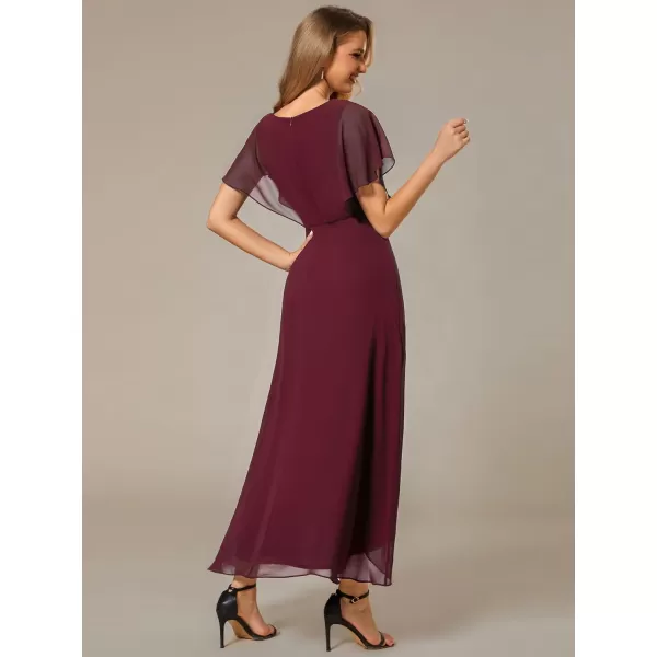 imageEverPretty Womens Formal Dress A Line V Neck Applique Waist Tea Length Wedding Guest Dress 02027Burgundy