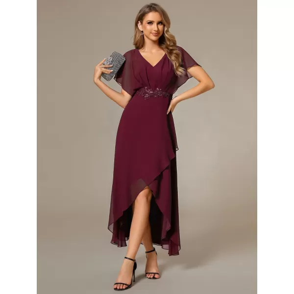 imageEverPretty Womens Formal Dress A Line V Neck Applique Waist Tea Length Wedding Guest Dress 02027Burgundy