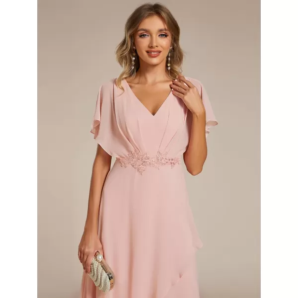 imageEverPretty Womens Formal Dress A Line V Neck Applique Waist Tea Length Wedding Guest Dress 02027Pink