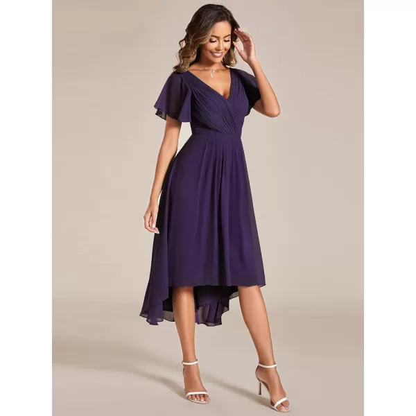 imageEverPretty Womens Summer Dress Chiffon VNeck Short Wedding Guest Dress with Ruffled Sleeves 01923Dark Purple