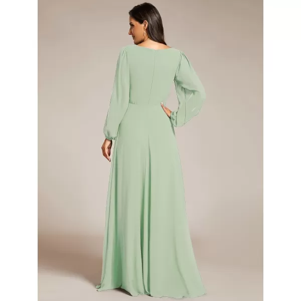 imageEverPretty Womens V Neck Long Sleeves Floor Length Ruched Chiffon Formal Dress 00461Mint Green